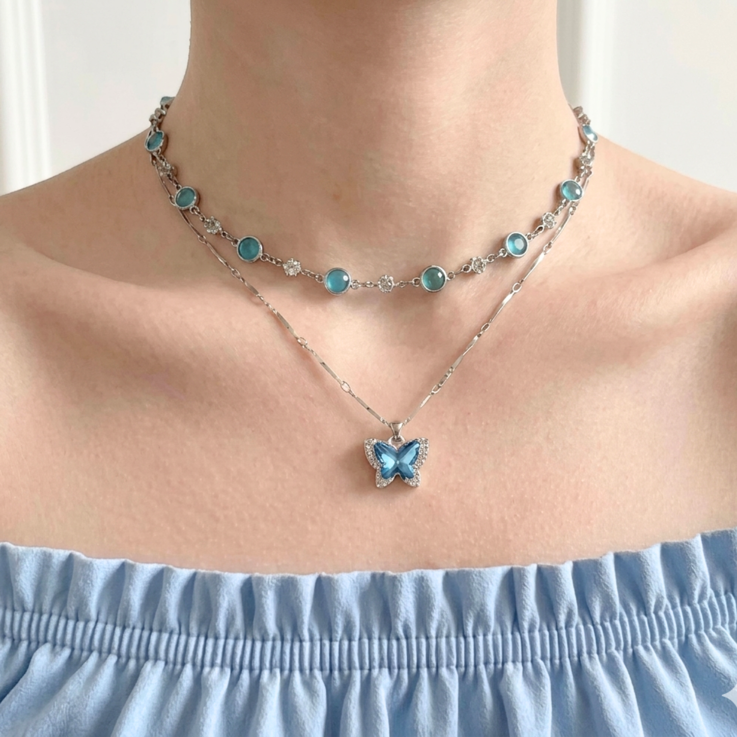 Blue Butterfly Layered Necklace view 2