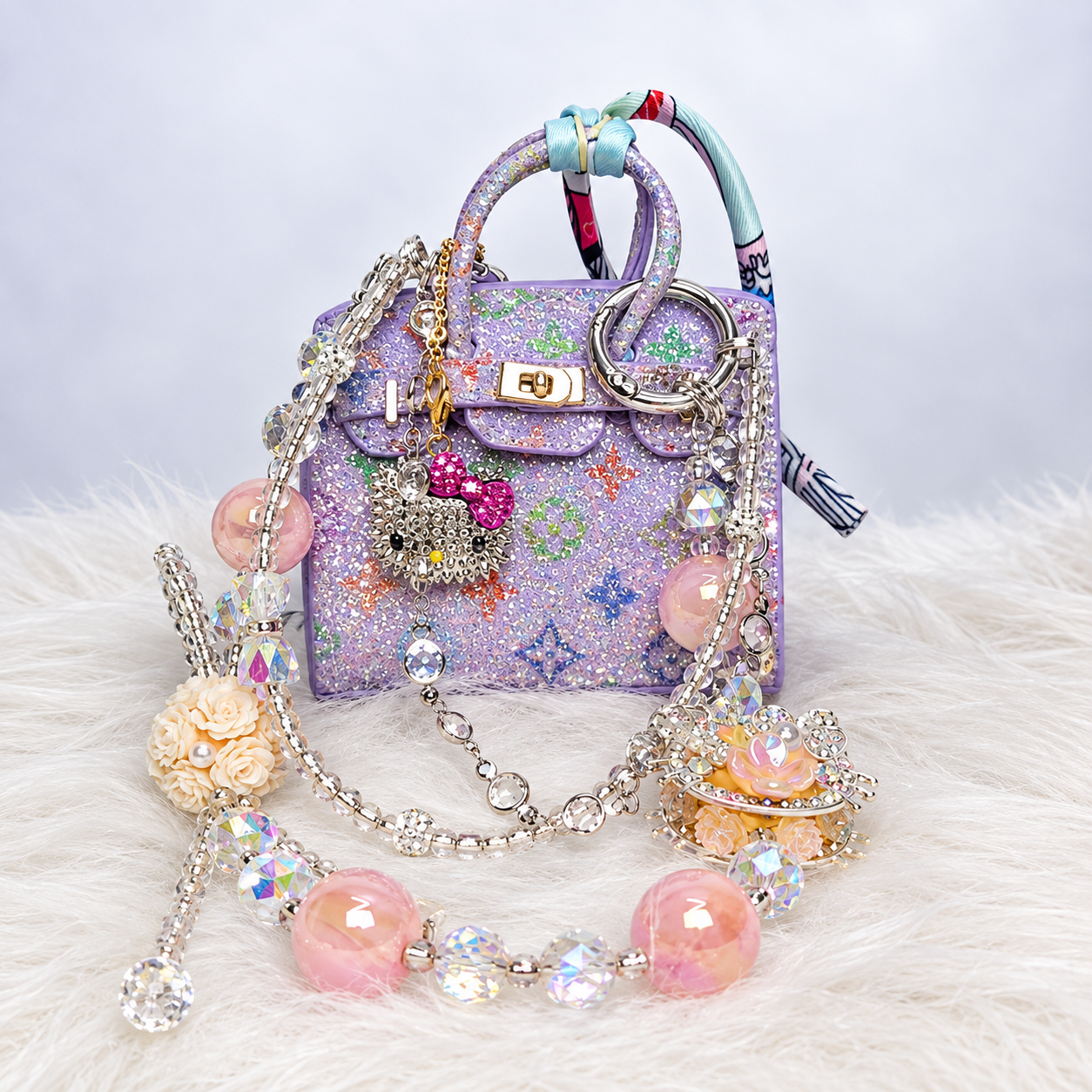 Lilac Glitter Print Mini Bag & Kitty Charm
