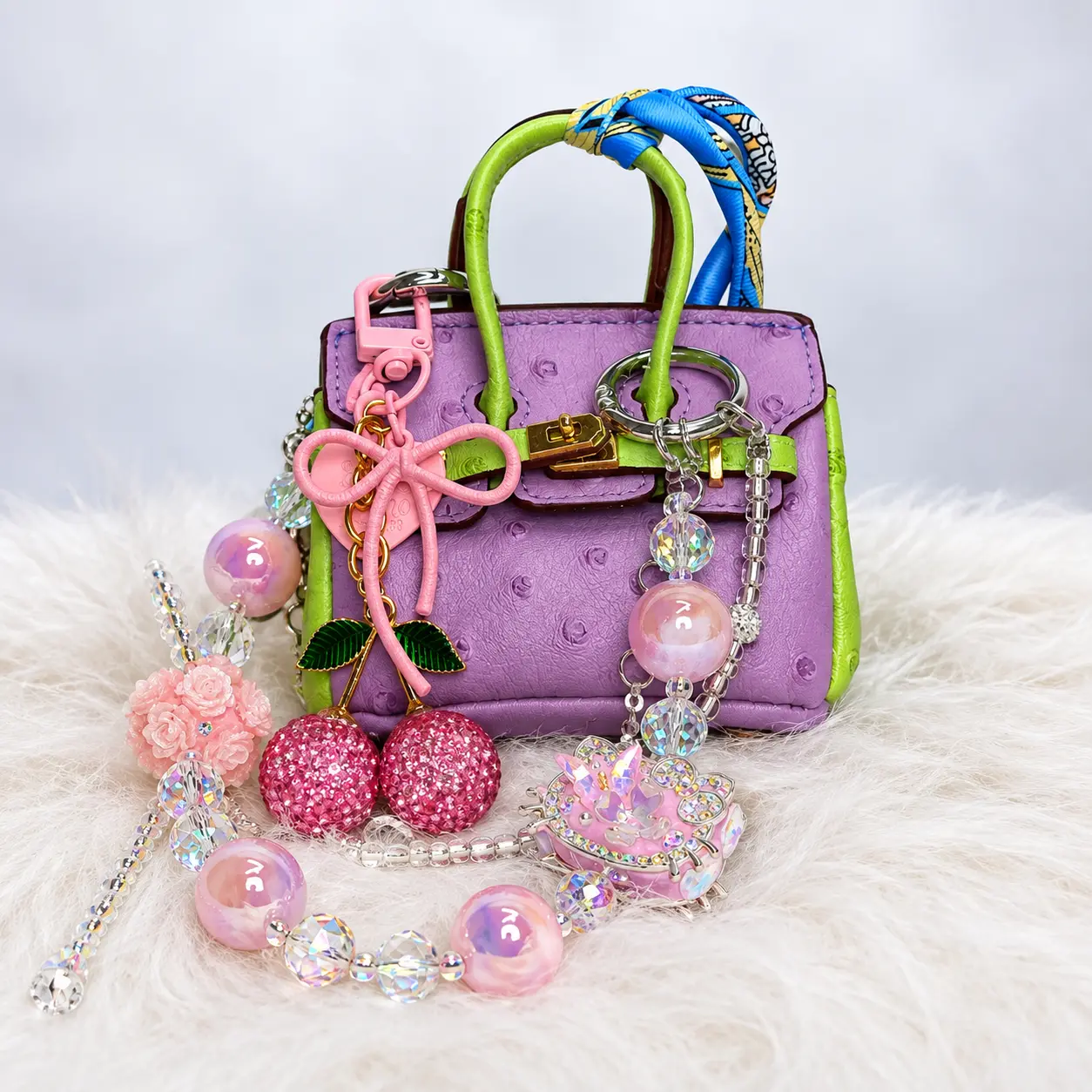 Violet Ostrich Mini Bag & Cherry Charm