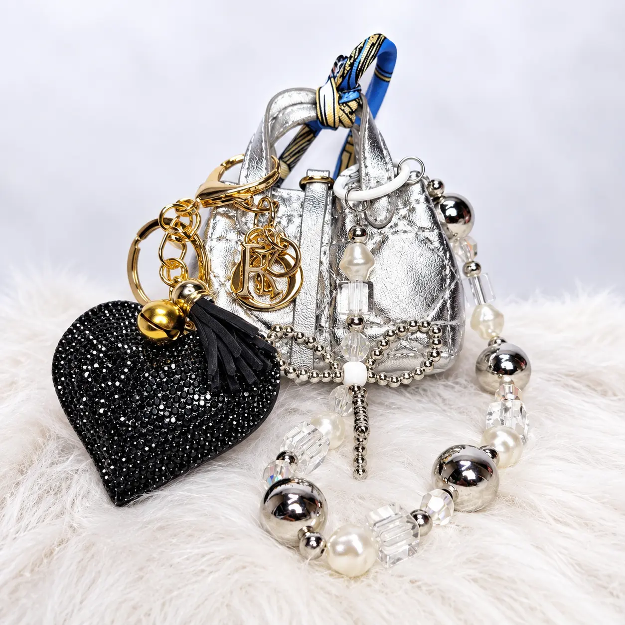 Silver Metallic Mini Bag & Heart Charm